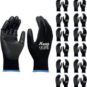 Kavish 12 Pairs Black PU-Coated Work Gloves