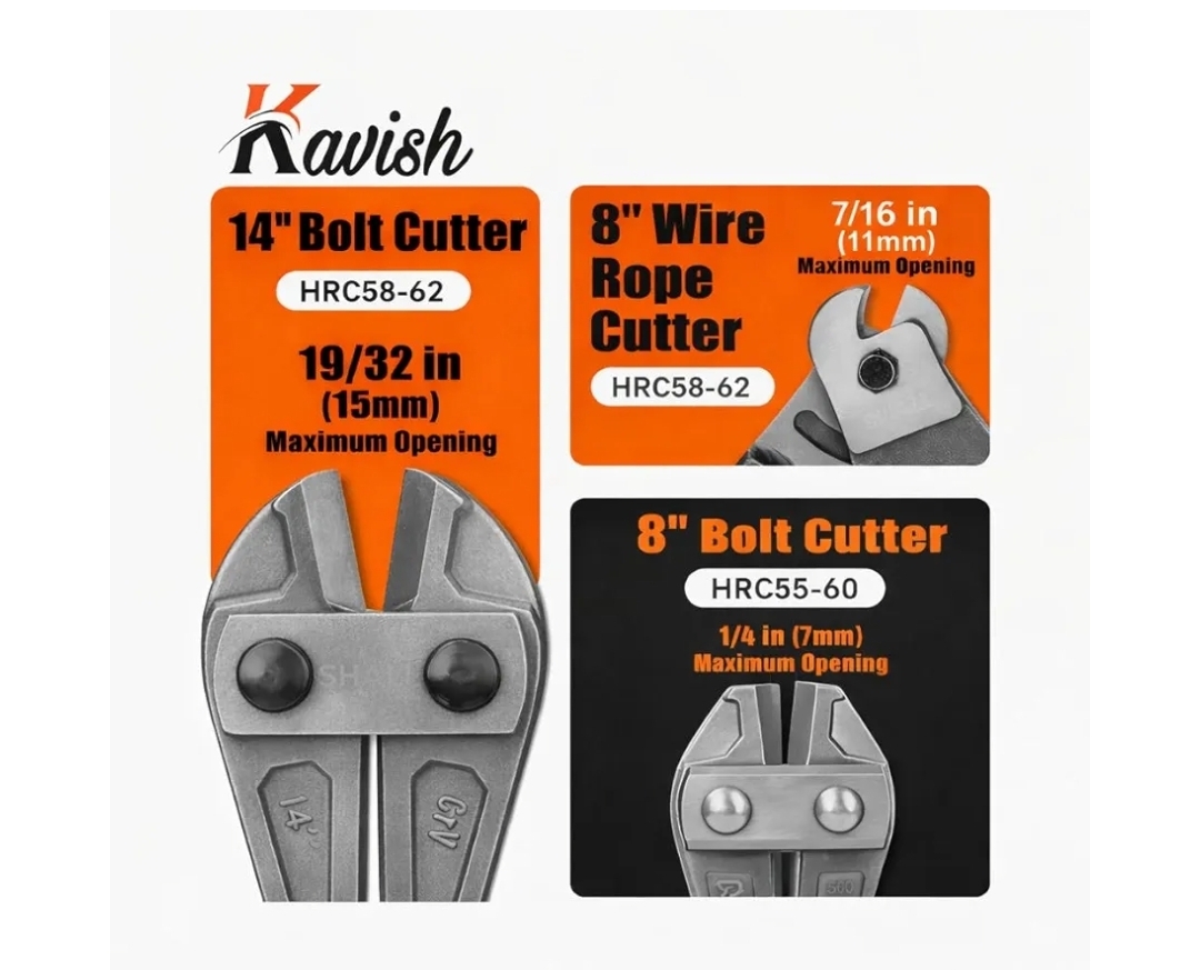 Kavish Professional Bolt Cutter, 14" Heavy Duty & 8" Mini, 8" Wire Rope Cutter, Ergonomic Handle, More Efficient Leverage for Cutting Locks, Chains, Iron Wire, Carrying Case Included - Image 5